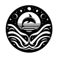 A Stylized Black and White Illustration of a Dolphin Leaping from the Sea Under a Crescent Moon and Stars Within a Circular Frame. vector