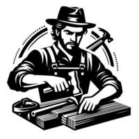 Skilled Carpenter in Black and White, Wearing a Hat, Working on Wood with Hammer and Tools in Style Illustration vector