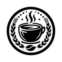 A minimalist black and white circular coffee emblem features a steaming cup with a wheat wreath and coffee bean, symbolizing warmth and quality. vector
