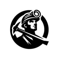 Bold, minimalist featuring a determined miner with a pickaxe and headlamp, set in a strong circular frame. vector