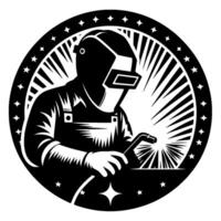 Black and White Illustration Welder with Sparks, Shielded by a Circle of Stars and Light Rays. vector