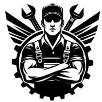 Mechanic Muscular worker with crossed arms, wearing cap and overalls, encircled by wrenches and gear elements, monochromatic . vector