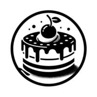 Black and white circular of a layered cake topped with a cherry, dripping frosting, and dots. vector
