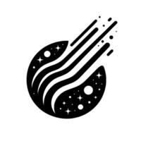Stylized black and white illustration of a cosmic body, featuring a starfilled orb with wavelike lines and radiating, streaking lines. vector