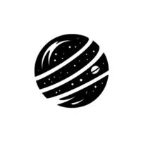 A stylized, black and white illustration of a planet with stripes and stars, showcasing a minimalist aesthetic. vector
