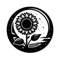 Stylized black and white illustration of a sunflower set within a circular frame depicting a night sky with stars, clouds, and a crescent moon. vector