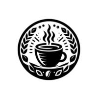 A circular, stylized coffee emblem featuring a steaming mug, surrounded by laurel leaves, dots, and dashes, creating a clean, warm vibe. vector