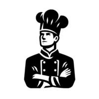 Black and White Illustration of a Confident Chef with Crossed Arms and a Traditional Toque, Looking Upwards. vector