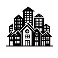 A monochrome illustration depicting a stylized cityscape merging diverse architectural forms, blending residential homes with towering skyscrapers for a unified urban skyline. vector