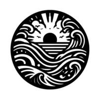 A monochromatic, circular depicting a stylized ocean scene with the sun rising, birds, and crashing waves, evoking tranquility. vector
