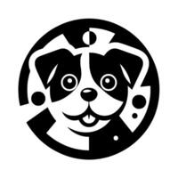 Black and White Geometric Dog Smiling Face within a Circle, Minimalist Style, Dots Abstract Elements, Playful . vector