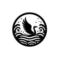 Stylized, Circular Emblem Featuring a Black Swan with Outstretched Wings Floating on Waves Beneath a Crescent Moon and Birds. vector