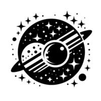Black and white cosmic illustration a stylized planet with rings, stars, and a central celestial eye, surrounded by a starry sky. vector