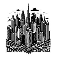 Isometric, linework illustration of a densely packed modern metropolis with towering skyscrapers, roads, and stylized clouds, in striking black and white. vector