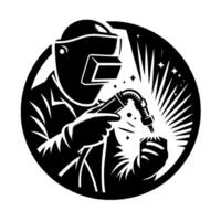 Black and white emblem of a welder inside a circle, sparks flying from his welding torch, emphasizing craftsmanship. vector