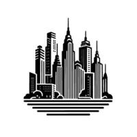 Stylized Black and White Illustration of Iconic City Skyline with Distinctive Architecture and Horizontal Base Lines vector