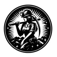 A strong woman in silhouette, embodying resilience and determination, posed as a miner with a pickaxe in a round emblem surrounded by stylized starburst. vector