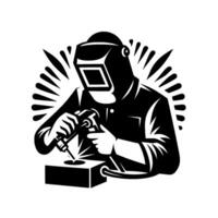 A stylized black and white illustration of a welder, with sparks emanating, focused on metalwork in a workshop setting, showcasing craftsmanship. vector