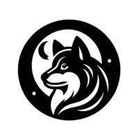 A minimalist black and white circular features a stoic wolf head with a crescent moon and dots, representing strength and wilderness. vector