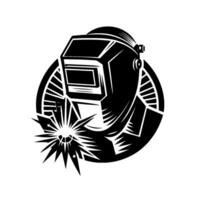 Black and White Illustration A Welders Silhouette in a Protective Helmet, Sparks Flying, within a Circular Frame vector