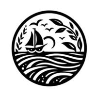 A monochromatic circular nautical illustration featuring a sailboat navigating stylized waves, birds, leaves, and a crescent moon. vector