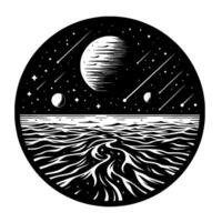 A stylized, black and white circular illustration depicting a celestial scene with planets, shooting stars, and a stylized sea and abstract landscape. vector
