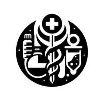 Monochromatic Medical Emblem Circular Illustration Featuring Caduceus, Cross, Syringe, and Beaker Representing Healthcare and Scientific Advancement. vector