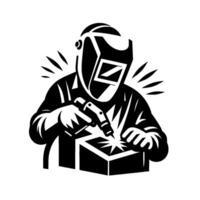 Black and white illustration of a welder in a protective mask using a welding torch to join two metal pieces, sparks emanating. vector
