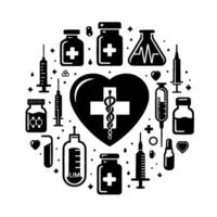 Medical Heart A circular monochrome arrangement of medical symbols, instruments, and elements surrounding a heart with cross and caduceus. vector