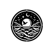 A round, minimalist, black and white illustration depicting a night ocean scene, with stars, a crescent moon, a bird, and stylized waves. vector