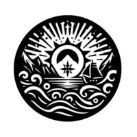art of a serene coastal scene within a circle sailing ship, mountains, sun, sea and compass star, monochrome style. vector