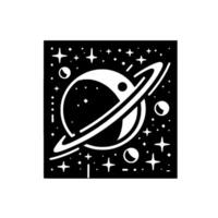 Black and white minimalist illustration of a stylized planet with rings, surrounded by stars and celestial bodies within a square frame. vector