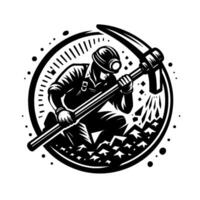 A stoic coal miner, illuminated by a helmet lamp, wields a pickaxe within a circular frame, in black and white. vector