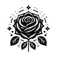 Intricate black and white illustration of a stylized rose with leaves, geometric accents, and celestial elements on a clean white background. vector