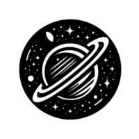 Monochrome Planet Stylized Saturn within a Cosmic Circle Embellished with Stars, Dots, and Minimalistic Detail. vector