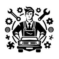of a mechanic standing in front of a car, surrounded by tools like wrenches and gears, with a classic, minimalist style. vector