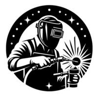 Black and white illustration of a welder in a protective helmet, arc welding, within a starstudded circle, with a minimalist and bold . vector
