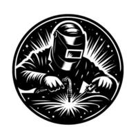 Black and white illustration of a welder at work, contained within a circular frame, with sparks emanating from the welding torch. vector