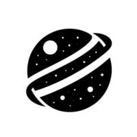A stylized illustration of a black and white celestial body, resembling a planet encircled by two white rings, speckled with stars and a prominent moon. vector