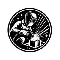 Circular emblem depicting a welder in protective gear creating sparks, illuminated by light and set with stars, emphasizing industrial skill. vector