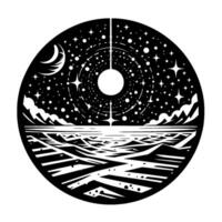 A Circular Black and White Illustration of Celestial and Terrestrial Harmony Moon, Stars, and a Mountainous Landscape Unite in a Cosmic Circle. vector