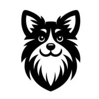 Stylized black and white illustration of a smiling dogs head, featuring expressive eyes, and a fluffy beard. vector