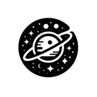 A minimalist black and white illustration depicting a stylized planet with rings surrounded by stars, dots, and celestial shapes within a rounded border. vector