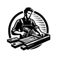 Skillful Carpenter in Overalls with Drill and Wood, Black and White Emblem, Woodworking Craft, Circular Composition vector