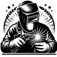 Black and white illustration of a welder with a protective helmet, welding torch, and spark in a circular emblem with stars and laurel leaves. vector