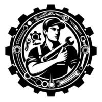 Mechanic holding a wrench encircled by tools within a gear, embodying reliability in a bold, black and white . vector