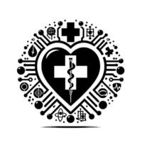 Abstract Digital Healthcare Heart with Rod of Asclepius, Medical Cross, Circuitry, and Science Emblems. vector
