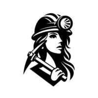 Strong, Silhouetted Female Miner with Helmet, Headlamp, and Pickaxe, Posing with Determined Expression in BW. vector