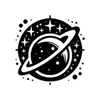 Stylized, Black White Illustration of a Ringed Planet Surrounded by Stars and Orbital Dots, Celestial . vector