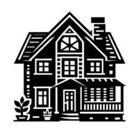 Bold Black and White Silhouette of a Classic TwoStory House with a Porch, Chimney, and Potted Plants. vector